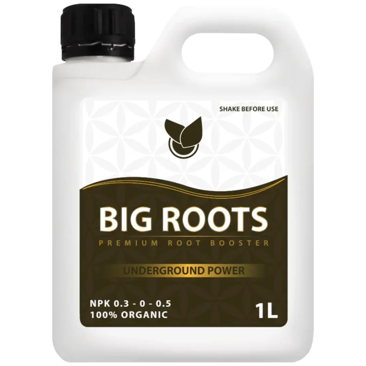 Big Plant Science BIG ROOTS 1L, gødning i hvid plastdunk med sort låg. Brun etiket med "BIG ROOTS" i hvidt.