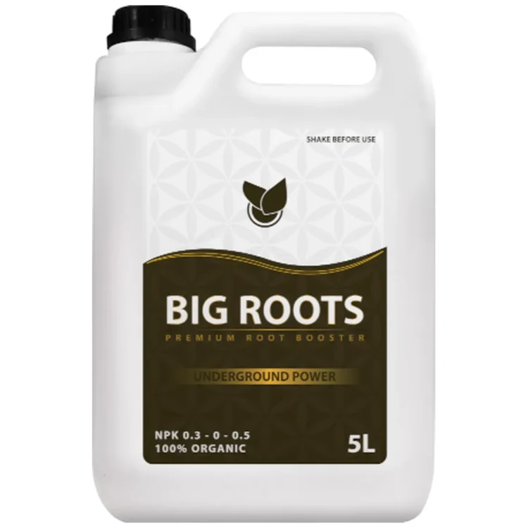 Big Plant Science BIG ROOTS 5L gødning i hvid plastdunk med sort låg. Den brune etiket har "BIG ROOTS" i hvidt.