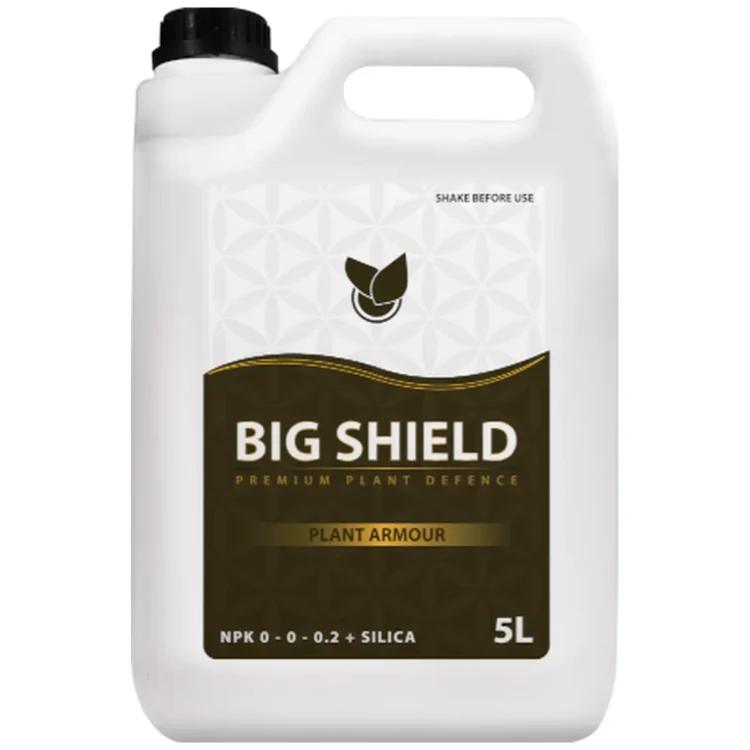 Big Plant Science BIG SHIELD 5L gødning i hvid plastdunk med hvid hank og sort låg. Brun etiket med "BIG SHIELD".