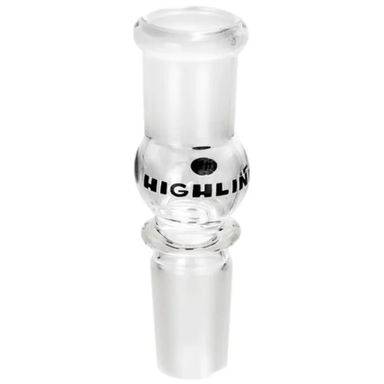 Highline Activated Charcoal Glas Adapter SG 18,8 mm i klart glas med matte fittings og sort "HIGHLINE"-tryk på midten.