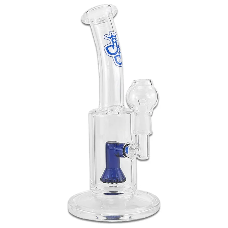 Jelly Joker Gibdima Oil Bong 23 cm i klart glas med blå percolator. Halsen bøjer let og har et blåt logo.