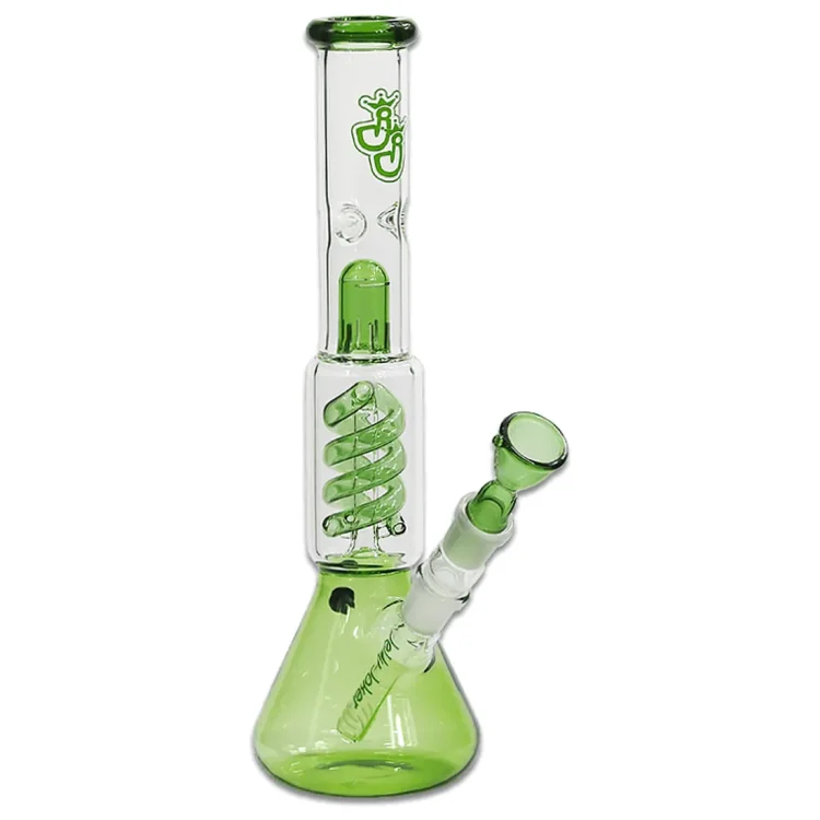 Jelly Joker Little Trip Percolator Green Bong 35 cm med klar glashals og grøn bund samt grøn spiral i midterkammeret.