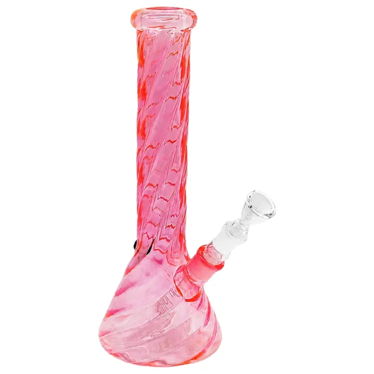 Jelly Joker Twisted Beaker Pink Bong 35 cm i glas med bølget relief langs halsen og skråt slamrør med klart hoved.