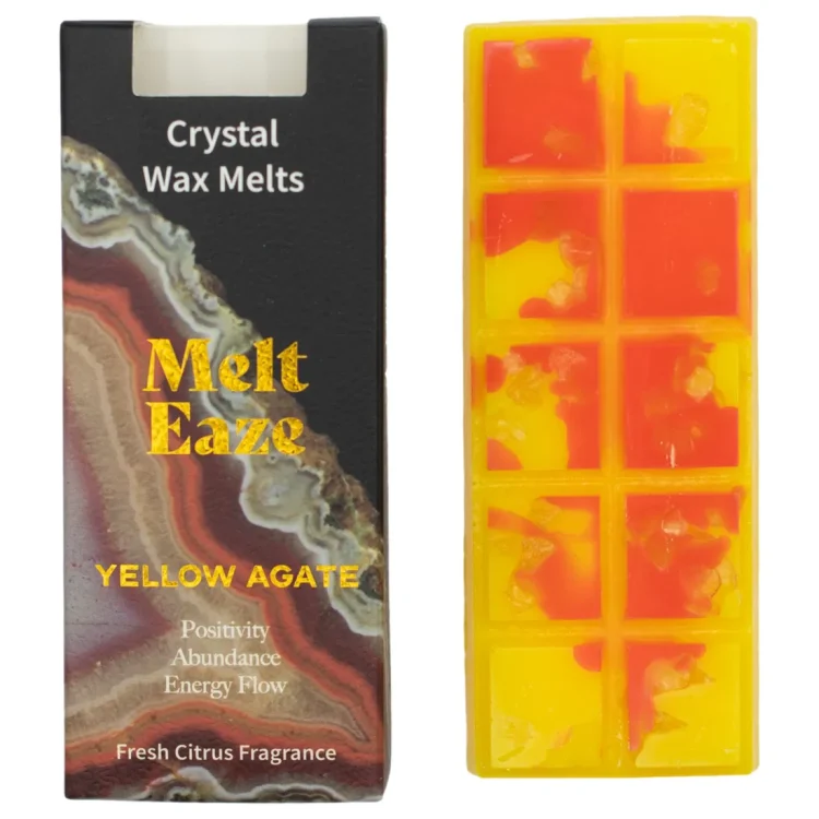 Melt Eaze Fresh Citrus Duftvoks med gule og orange felter. Den sorte æske har "Melt Eaze" trykt i gult.