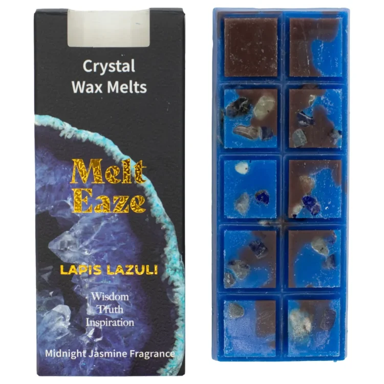 Melt Eaze Midnight Jasmine Duftvoks i blå og brune felter ved sort æske med "Melt Eaze" trykt i guldfarve.