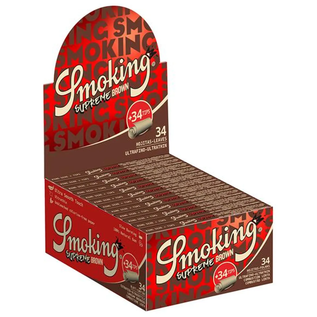 Smoking Supreme Brown King Size m/ Filtertips i åben displayæske med pakker af jointpapir og rødt tryk med hvidt "Smoking".