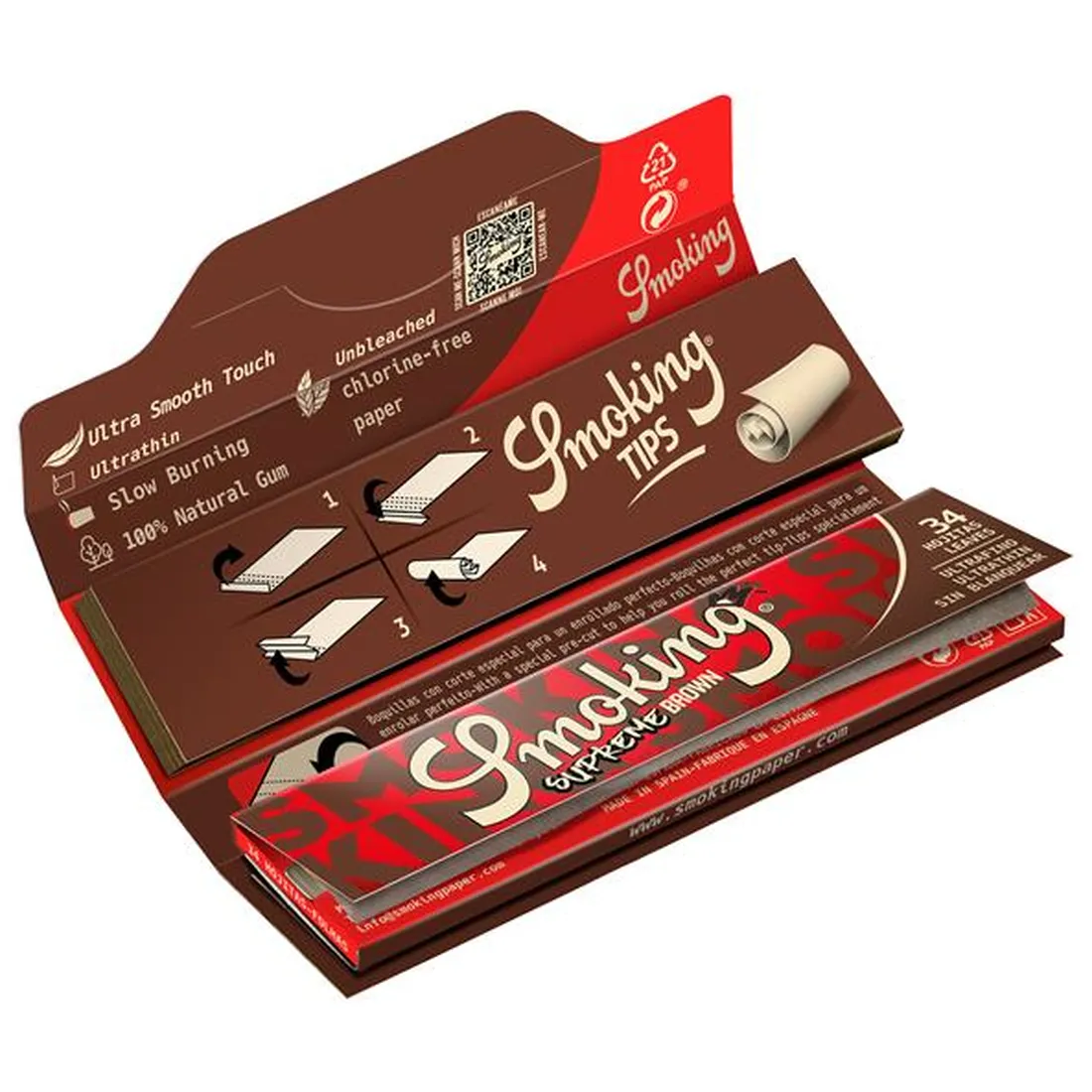 Smoking Supreme Brown King Size m/ Filtertips i åbnet pakke med jointpapir og hvidt "Smoking" på rødt tryk.
