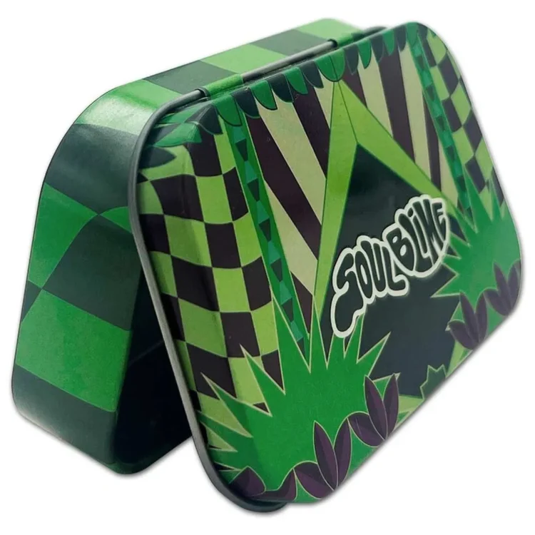 SOULBLIME 720 Metal Tin Green med mørkegrønne tern og stråler på låget, hvor "SOULBLIME" står i hvidt over bladmotiver.